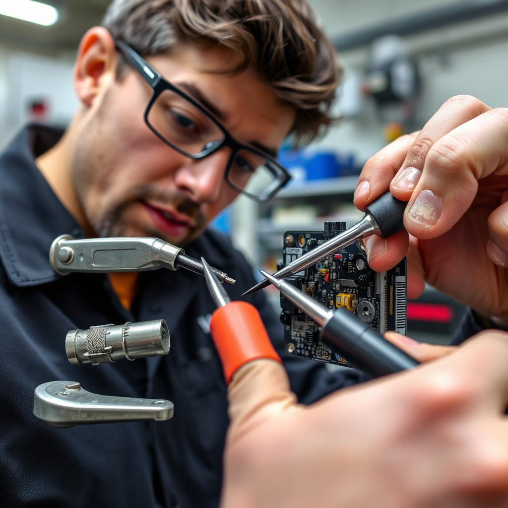A close-up image of a technician repairing an electronic lock. He is using specialized tools, and the focus is on the intricate components of the lock. The background is a well-equipped repair shop.
