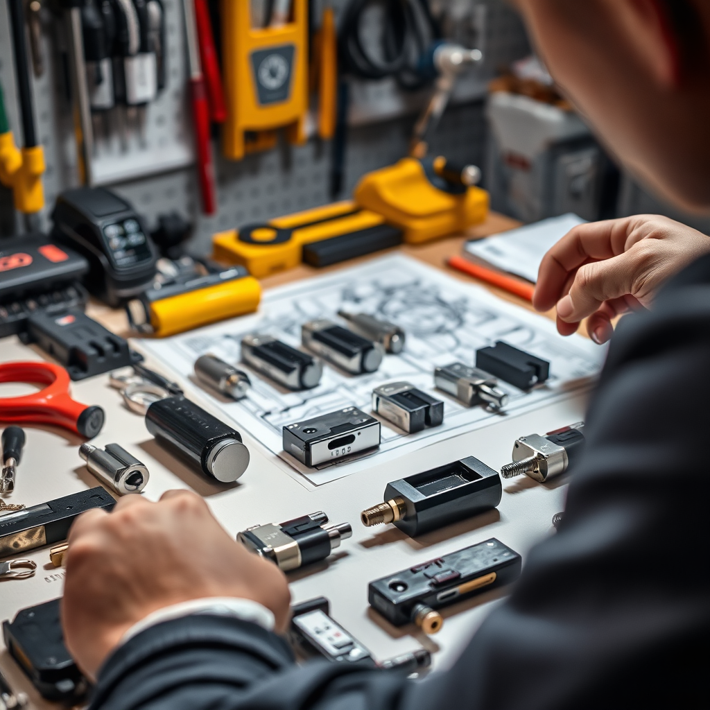An image of a person carefully examining various types of electronic locks laid out on a table. Tools and technical schematics are visible in the background. The lighting is bright and focused, highlighting the different lock mechanisms. Conveying expert advice and careful selection.