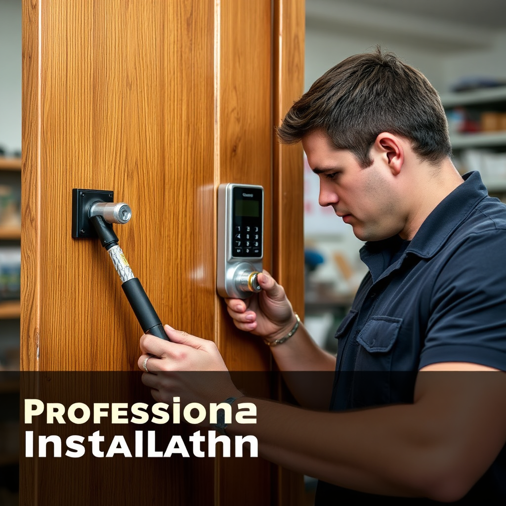 An image of a technician professionally installing an electronic lock on a wooden door. The technician is using specialized tools and is focused on precision. The background is a clean and organized workshop. Emphasizing professional installation services.