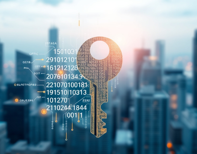 Create a 4K, high-quality image representing "Zamek elektroniczny"'s mission. The image should depict a stylized representation of a key dissolving into digital code, symbolizing the transition from traditional keys to electronic access. The background should be an abstract representation of a modern city skyline, with subtle hints of apartments, hotels, and office buildings. The color palette should be primarily blue and silver, with highlights of gold to represent security and innovation. Use a slightly tilted camera angle to create a sense of dynamism. The overall style should be modern, clean, and professional, conveying trust, reliability, and technological advancement. The image should evoke a feeling of seamless integration and effortless security.