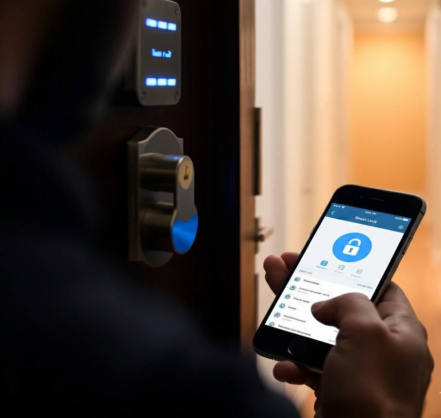  A close-up shot of a person unlocking an electronic lock with their smartphone. The focus is on the lock and the smartphone screen. The background is a blurred apartment hallway. Warm, inviting lighting. Showcasing ease of use and convenience.
